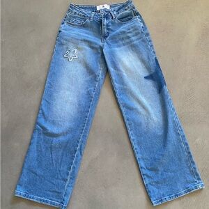 Blue Wide-Leg Star Patch Jeans